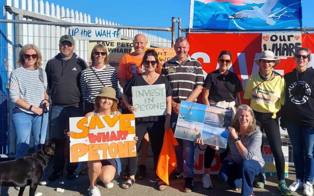 Some of the locals protesting plans to demolish Petone Wharf 28 April 2024.