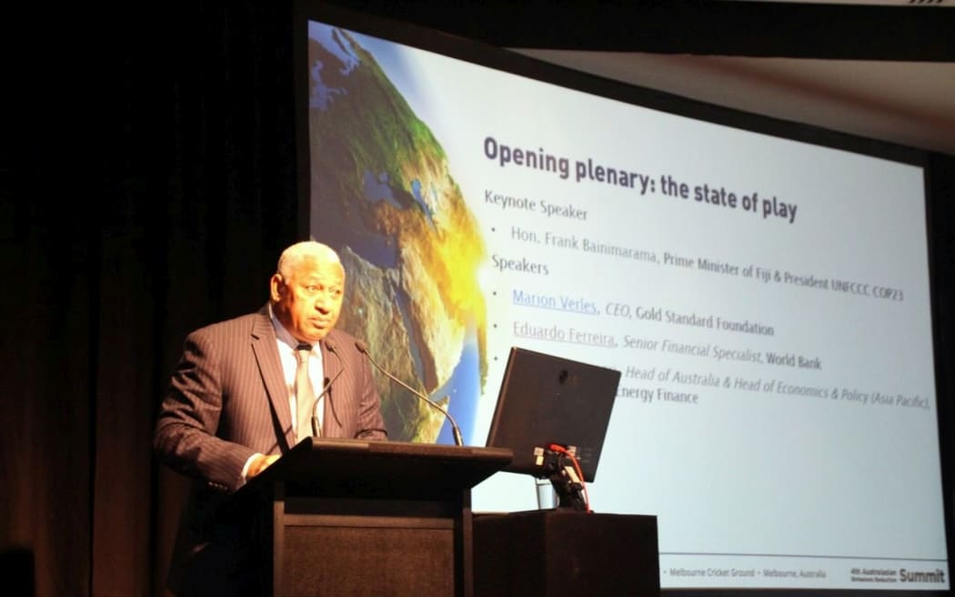 Fiji Prime Minister Frank Bainimarama speaking at the 4th Australasian Emissions Reduction Summit in Melbourne, May 2017