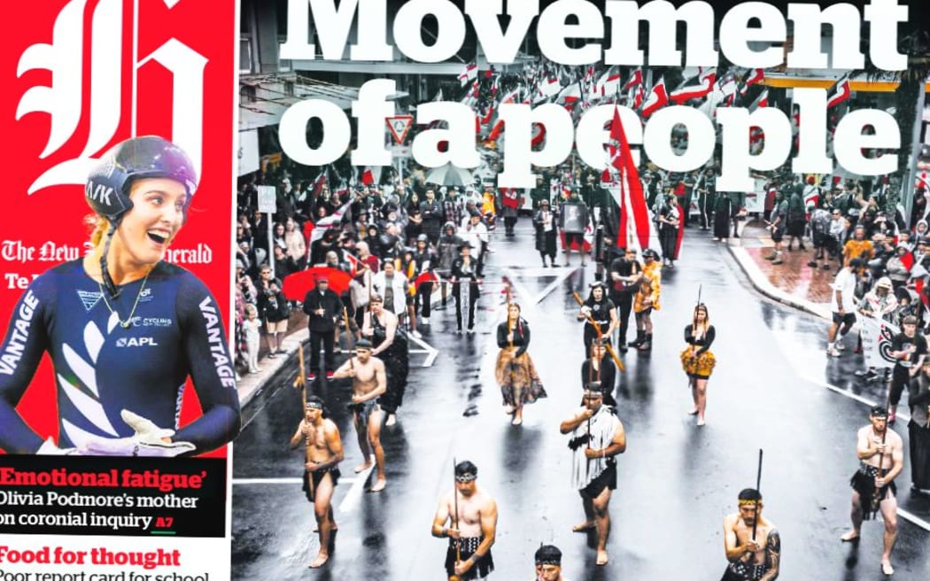 The Herald's front page the day Hīkoi mō Te Tiriti arrived in Wellington.