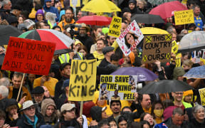 Members of the anti-monarchist group Republic stage a protest close to where Britain's King Charles III and Britain's Camilla, Queen Consort will be crowned at Westminster Abbey in central London on May 6, 2023. - The set-piece coronation is the first in Britain in 70 years, and only the second in history to be televised. Charles will be the 40th reigning monarch to be crowned at the central London church since King William I in 1066. Republican opponents who want an elected head of state plan to protest on the day with signs declaring "Not my king". (Photo by SEBASTIEN BOZON / POOL / AFP)