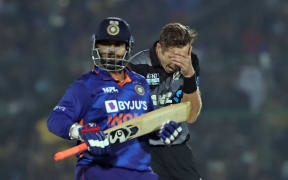 Tim Southee (captain) of New Zealand reacts during the 1st T20 at Jaipur, India 2021