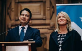 Simon Bridges and his wife Natalie as he gives a speech after being replaced as leader of the National Party.