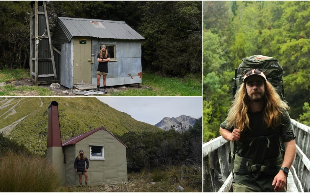 Left: Benjamin Piggott in front of two DOC backcountry huts. Right: Portrait of Benjamin while tramping.