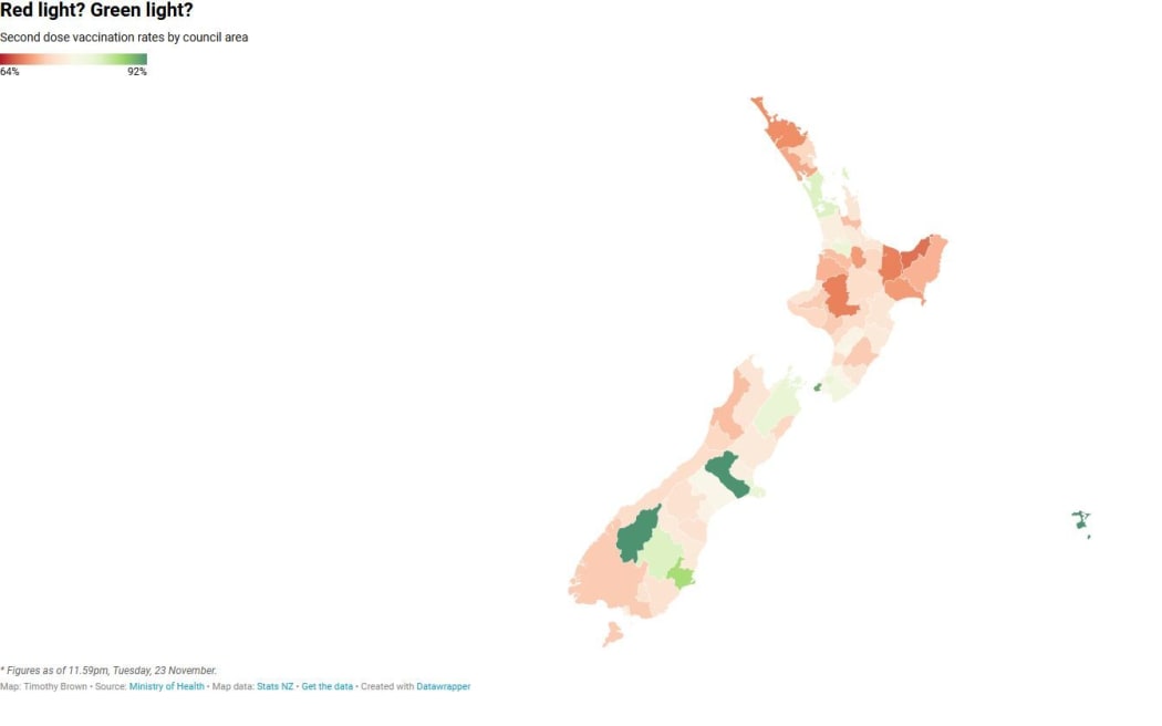Second dose vaccination rates by council area as of 11.59pm on 23 November.