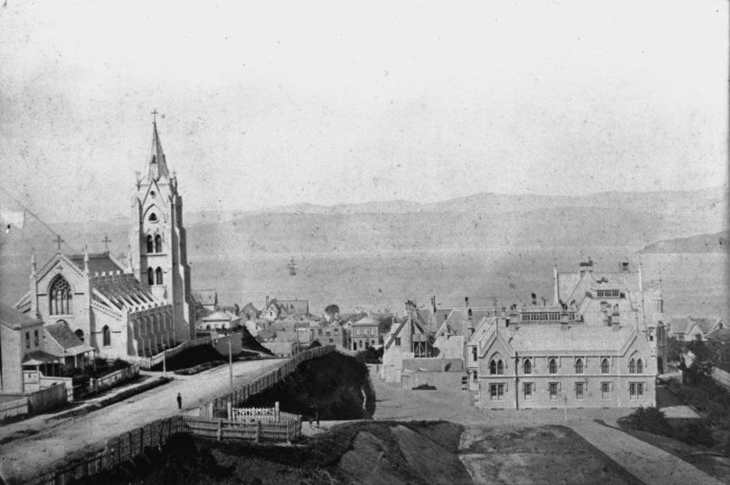 St Mary's Catholic Cathedral and Parliament Buildings, Hill Street, Thorndon, [ca 1880]