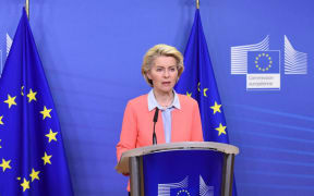 The President of the European Commission Ursula Von Der Lyon announces on Saturday Feb 26, 2022 a new set of sanctions against Russia, confirming that a number of Russian banks will be removed from Swift, so they can't operate globally.