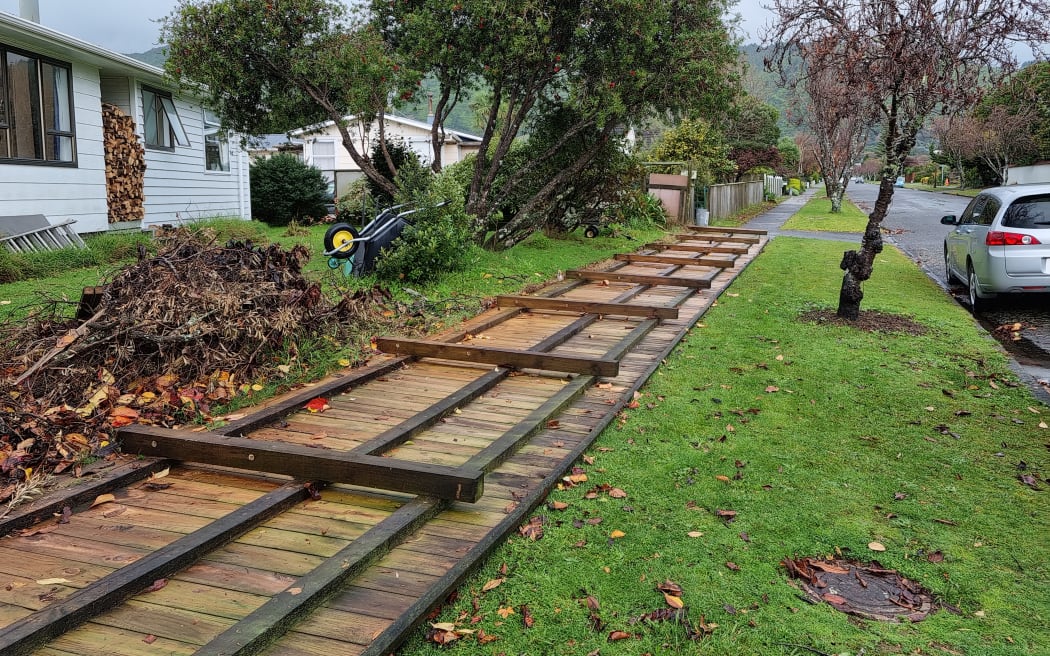 A fence in Waikanae that was levelled by a suspected tornado on 9 June 2022.