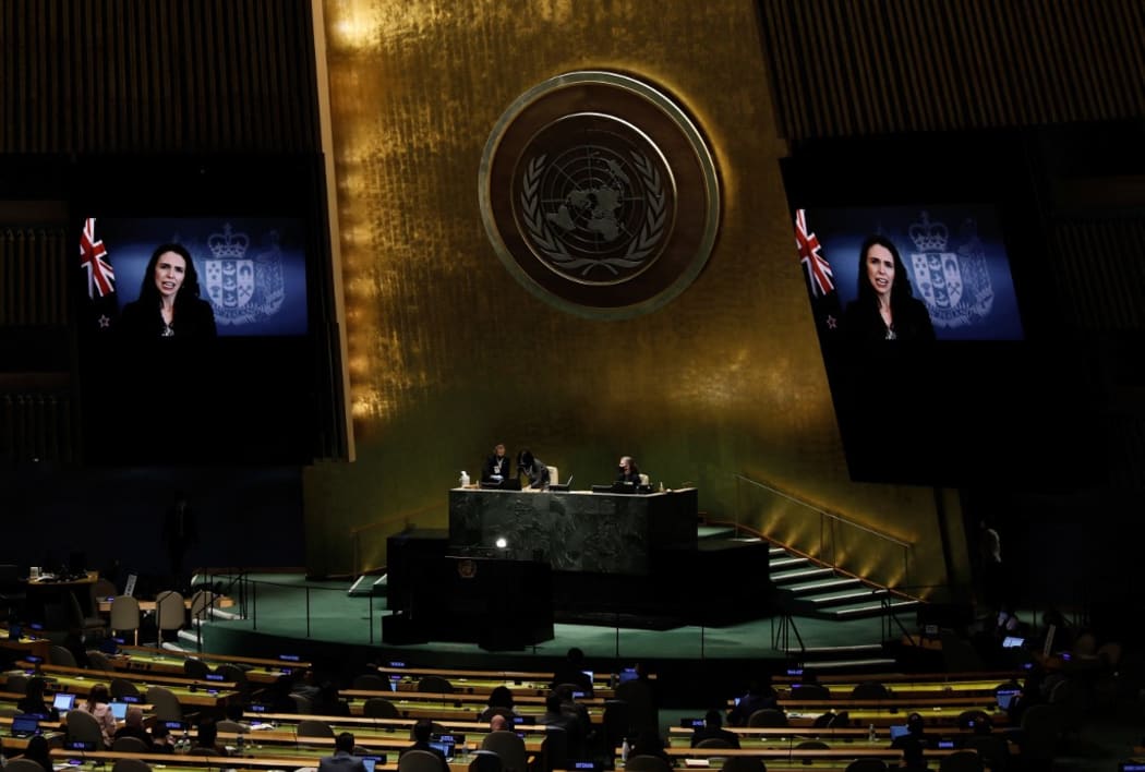 Prime Minister of New Zealand, Jacinda Ardern delivers a pre-recorded speech to the 76th session of the United Nations General Assembly at UN headquarters on September 24, 2021, in New York.