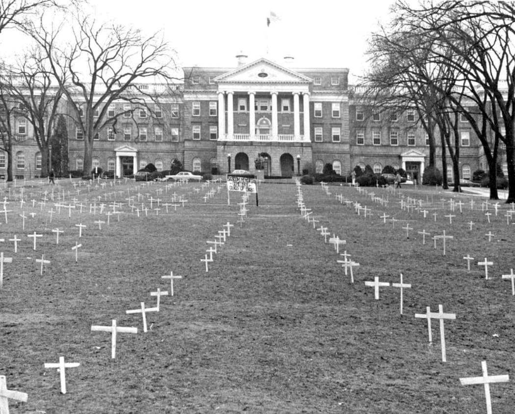 Students place crosses protesting the Vietnam war at Bascom Hill, the main quadrangle that forms the symbolic core of the University of Wisconsin–Madison campus.