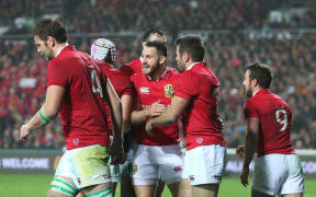 The Lions celebrate a try scores by Lions centre Jared Payne during the Rugby Union match - Chiefs v British & Irish Lions played at FMG Stadium Waikato, Hamilton, New Zealand on Tuesday 20 June 2017.