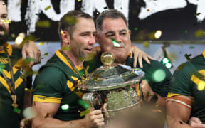 Australia's captain Cameron Smith, left and coach Mal Maninga after winning the Rugby League World Cup final 2017