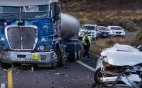 The crash scene after a Kenworth double-tanker rear-ended the Hamilton couple's car on the Desert Road at Easter 2018.