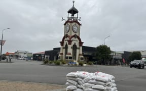 Sand bags in the centre of Hokitika on 10 April 2024 with very heavy rain forecast for much of the West Coast.