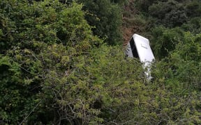 The fallen bus near Akaroa.