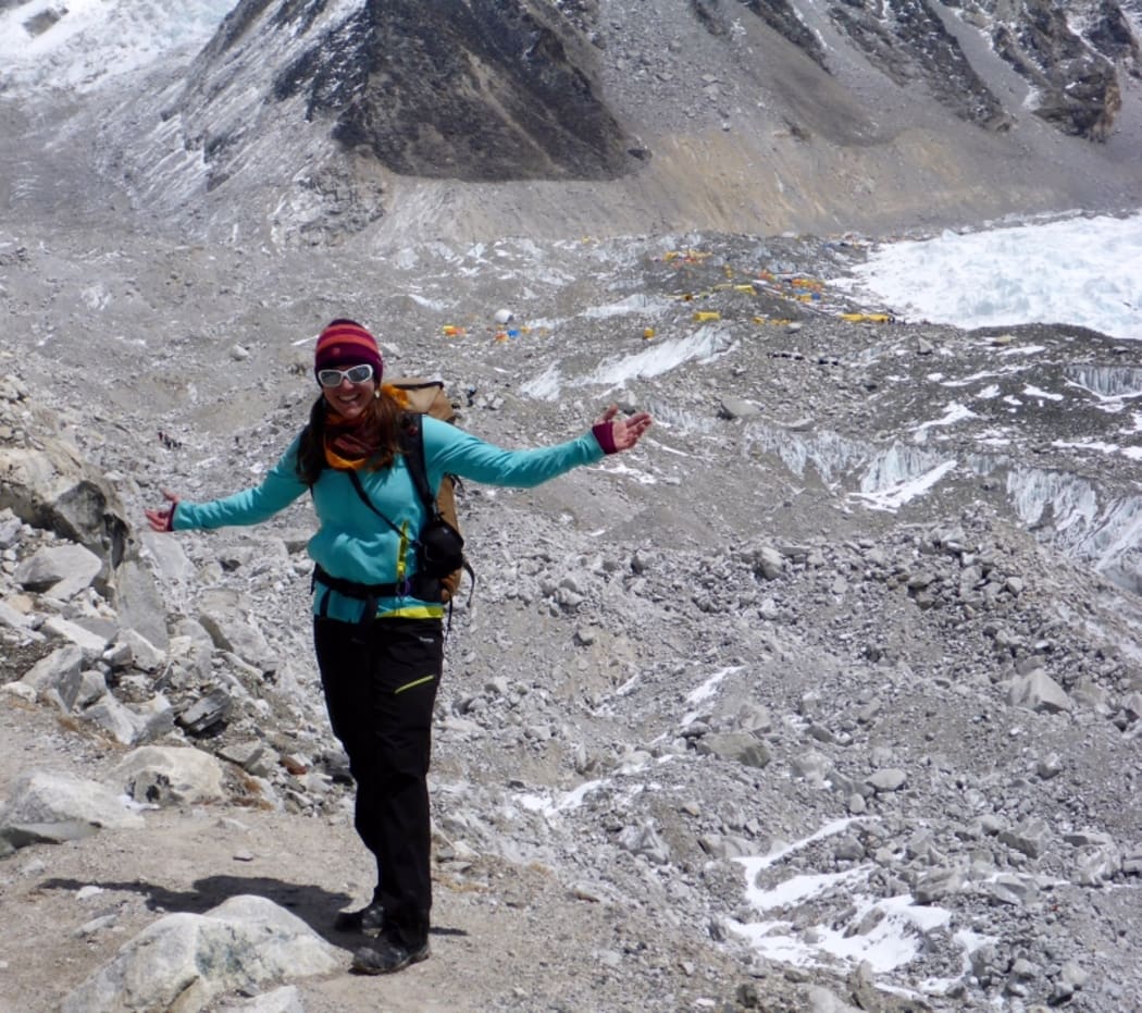 An image o Anthea Fisher standing above Everest Base Camp at the start of the 2015 climbing season.