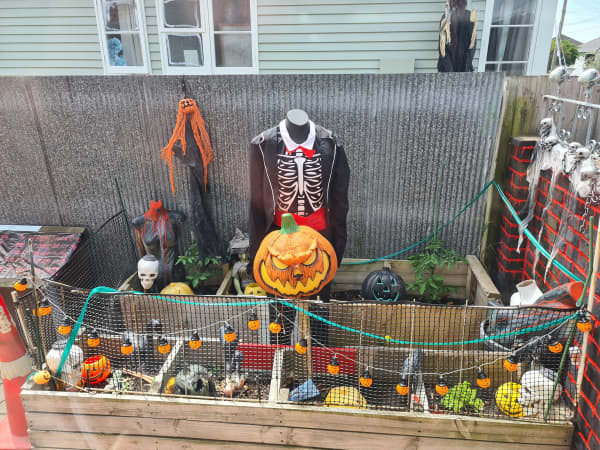 Halloween decorations set up at the Thomas St Haunt in Linwood, Christchurch.