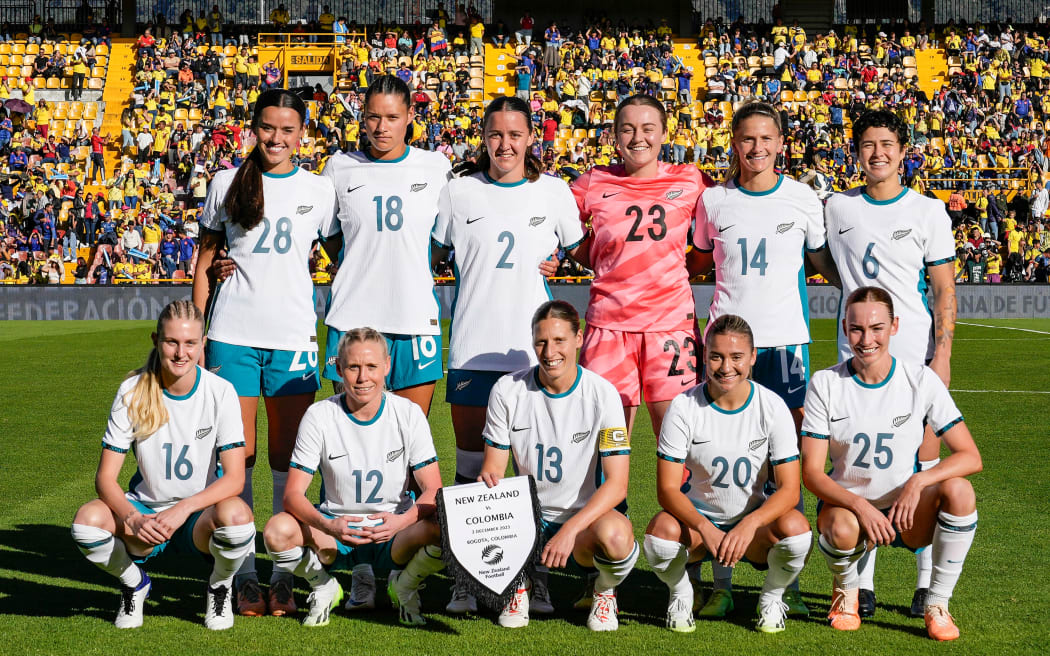 New Zealand Football Ferns team photo before kick off against Colombia in Bogota.
Back row: Ava Collins, Grace Jale, Michaela Foster , Anna Leat, Katie Bowen, Malia Steinmetz.
Front row: Jacqui Hand, Betsy Hassett, Rebekah Stott, Indiah-Paige Riley, Mackenzie Barry.