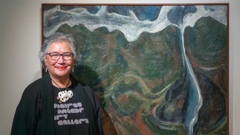 Elizabeth Ellis with her 1966 work at Wairau Maori Art Gallery