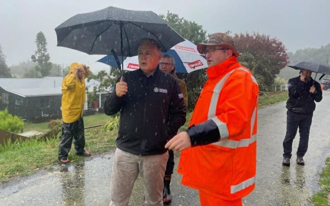 Emergency Management Minister Mark Mitchell with council rivers manager Andy White at the Spring Creek stopbank on 12 April 2024.