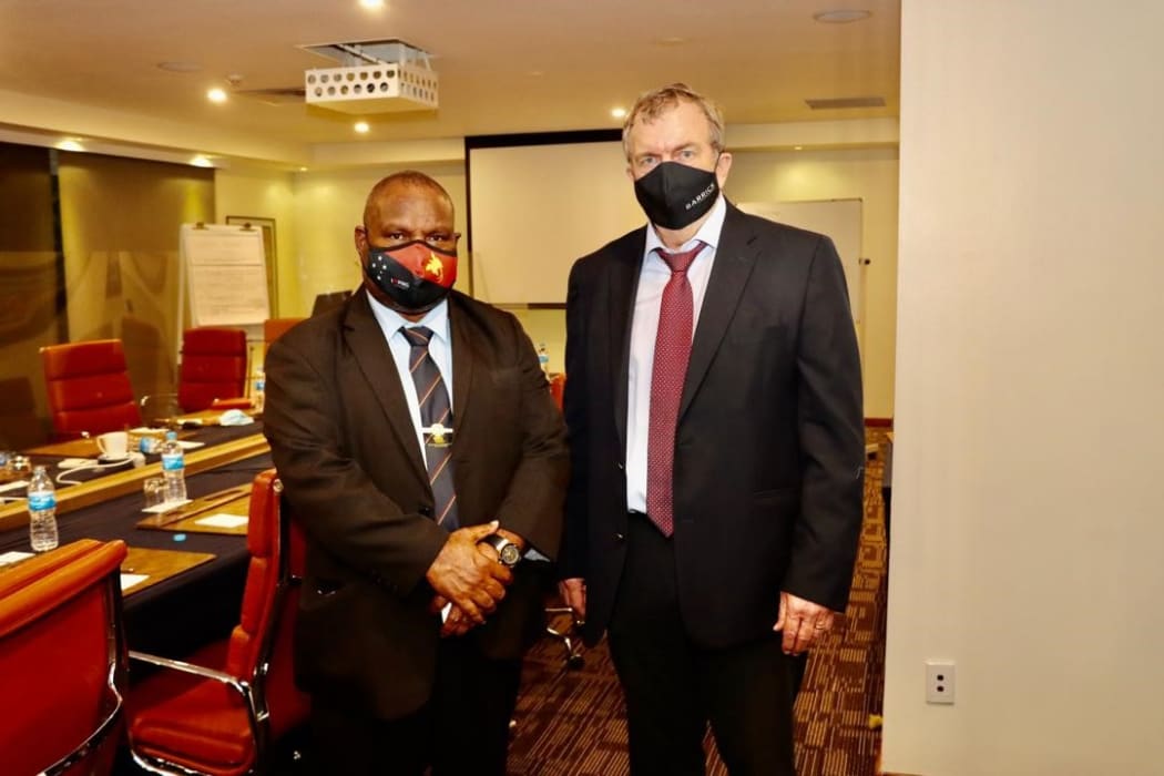 PNG prime minister James Marape and Barrick Gold CEO Mark Bristow in Port Moresby, 15 October 2020.