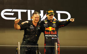 Christian Horner and Max Verstappen of Red Bull F1 Racing.