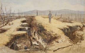 This painting was on the front cover of the London Illustrated News, the defensive trenches Maori used to take cover from British artillery are clearly visible.