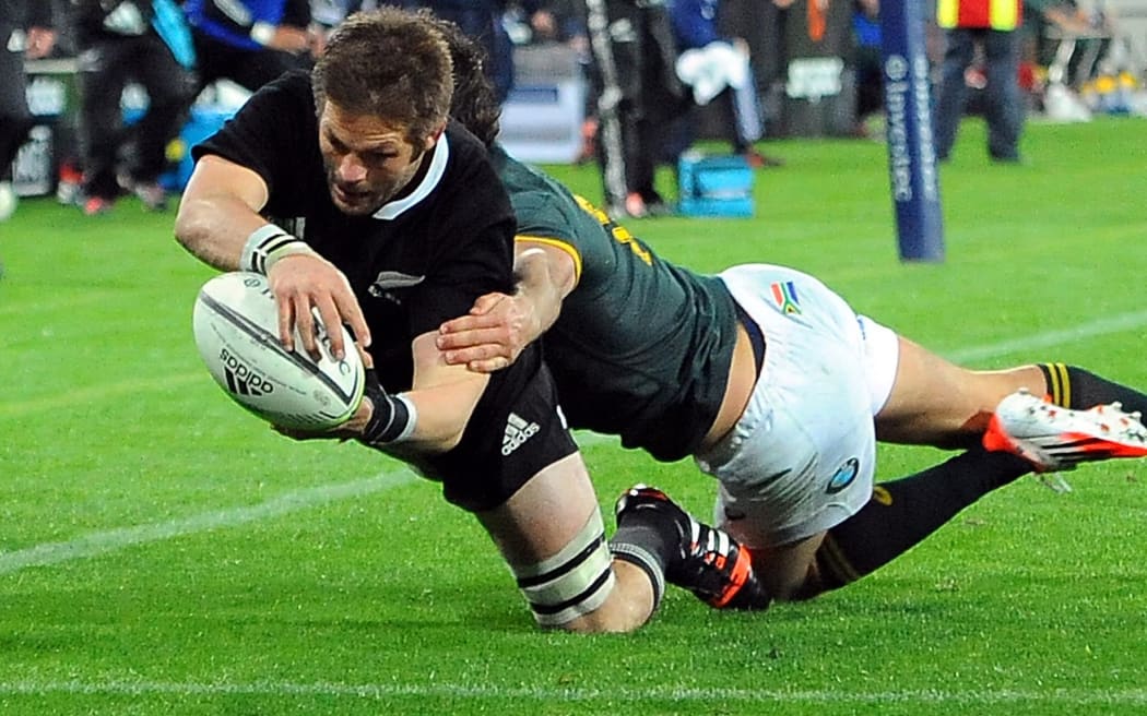 All Blacks captain Richie McCaw scores against the Springboks at Westpac Stadium in Wellington, in the Rugby Championship.