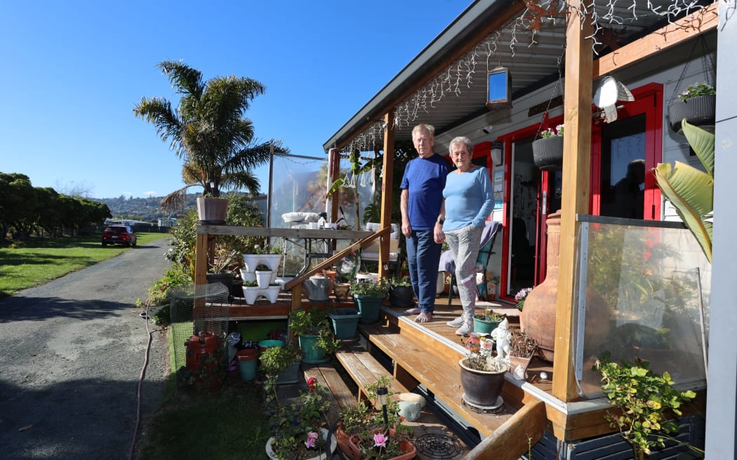 Peter and Margaret Calvert are two of the 115 long-term residents at the holiday park who might be evicted if the airport's changes are accepted. Photo: Kate Russell/Nelson Weekly. [via LDR single use only]
