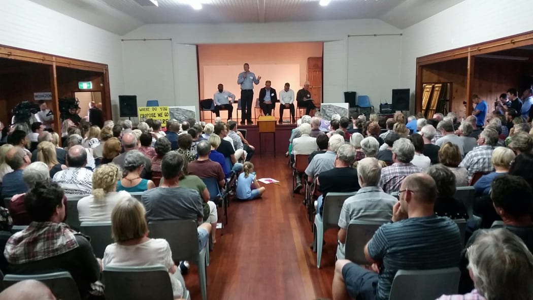 Oratia residents at a meeting on Watercare's proposal to build a huge water treatment plant in their neighbourhood. 21 February.