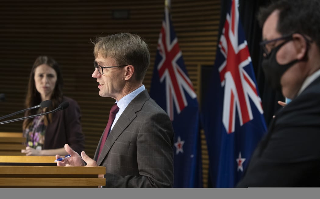 Director general of health Ashley Bloomfield during the post-Cabinet press conference, with Prime Minister Jacinda Ardern and Deputy Prime Minister Grant Robertson.