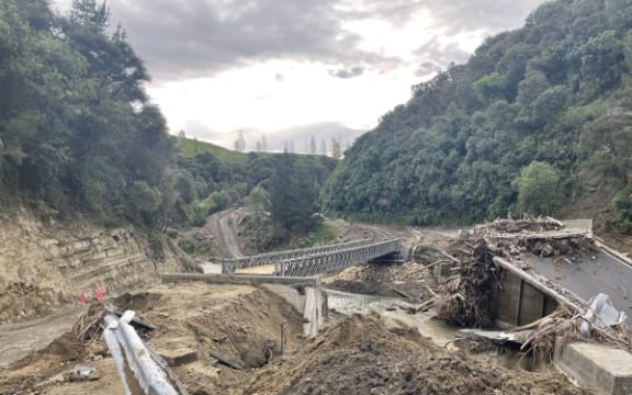 The bailey bridge, which opened in May 2023, in Waikare Gorge between Napier and Wairoa.