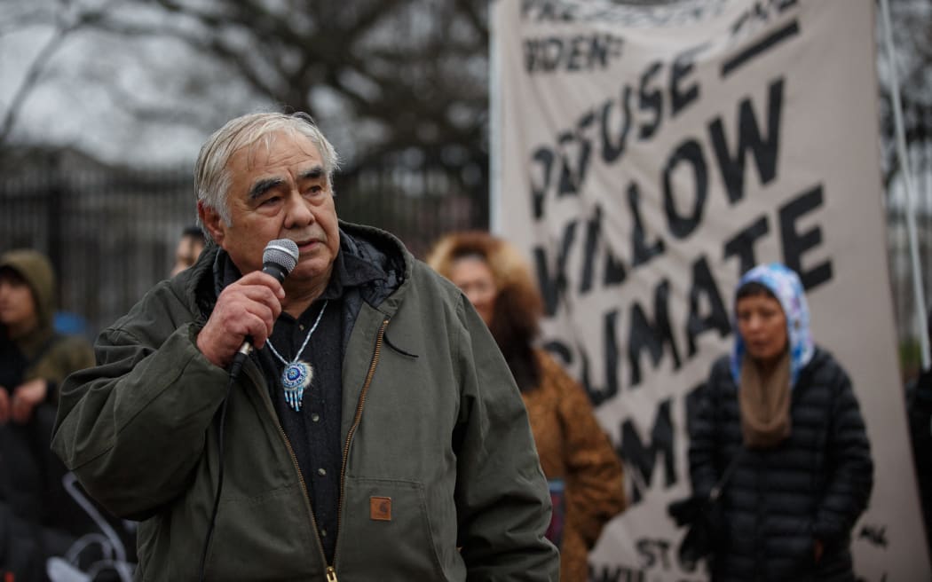 Inupiat wildlife guide Robert Thompson speaks at a protest near the White House in Washington, D.C. on 3 March 2023, demanding that President Biden stop the Willow Master Development Plan, an oil drilling project planned to begin in Alaska.