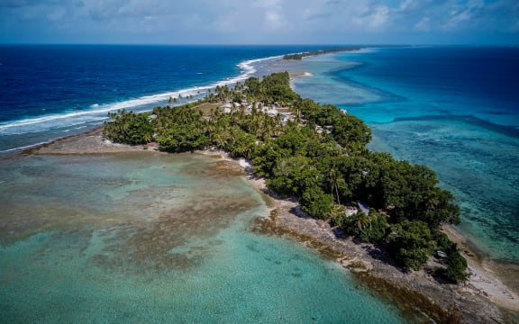 Aerial view of Amatuku island in Tuvalu.