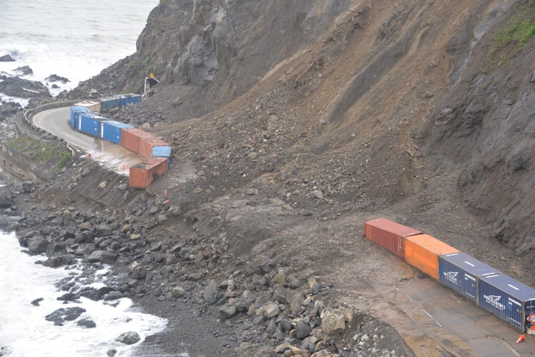 The slip on State Highway 1, south of Kaikoura, which came down in heavy rain on 5 April 2017.