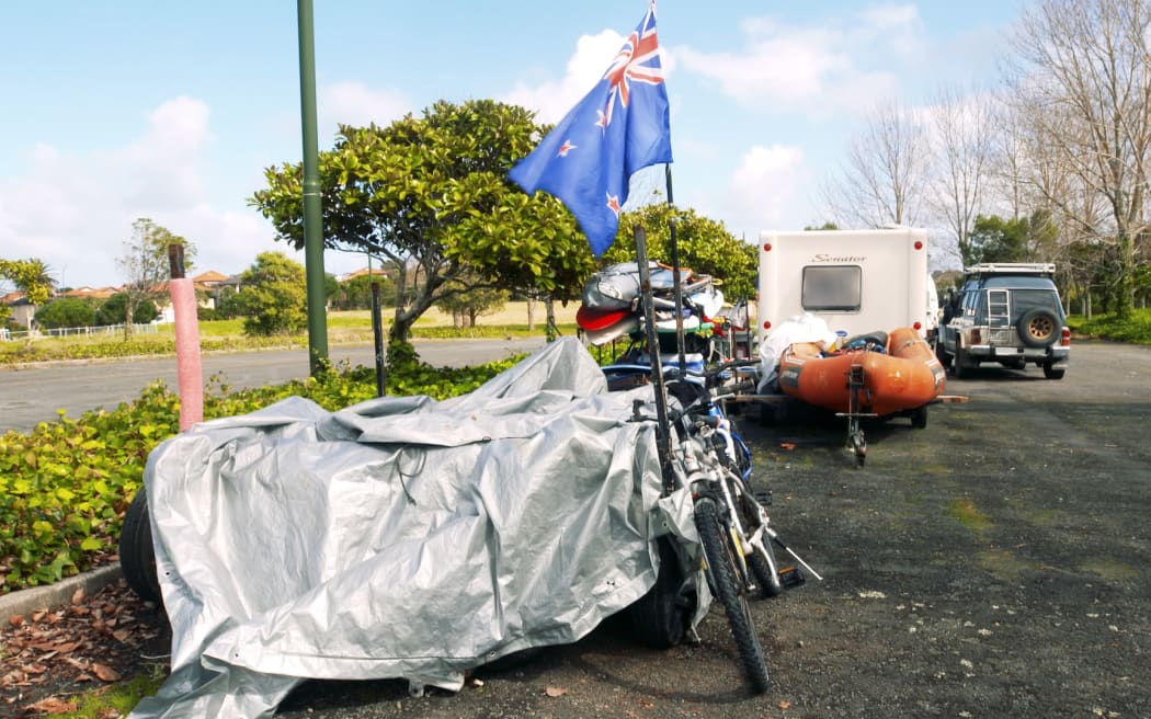 Tim Stewart's camp set-up, while he lives at the Gulf Harbour Country Club.