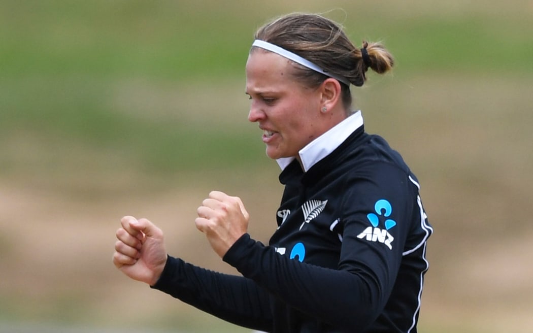 White Ferns bowler Lea Tahuhu celebrates a wicket.