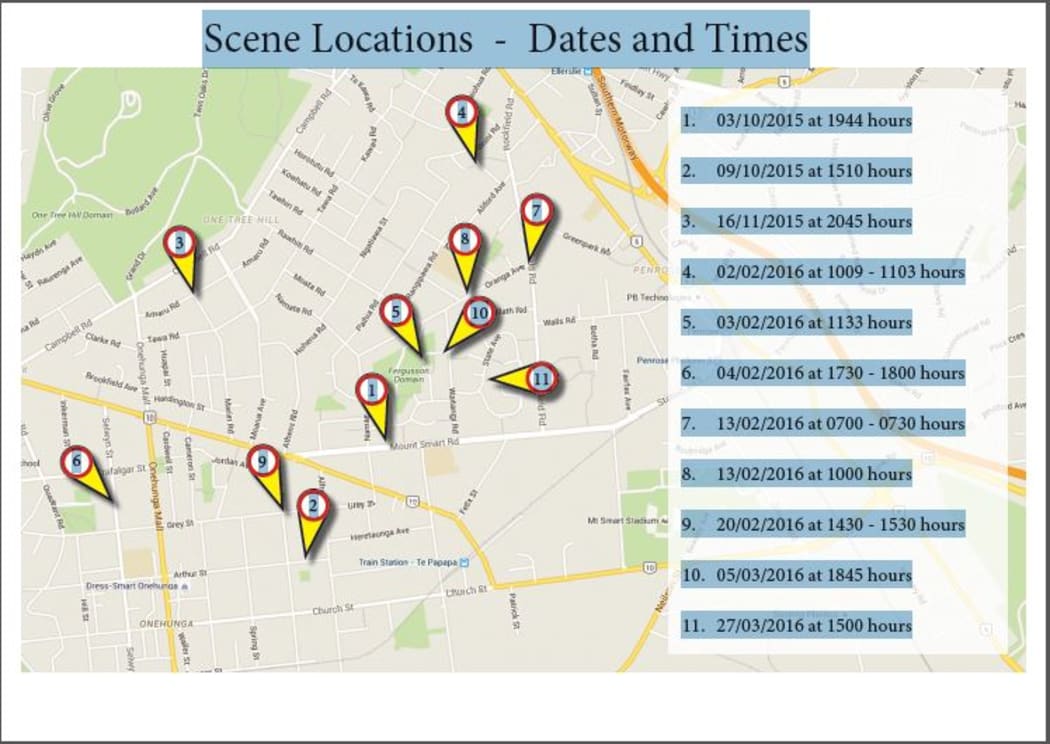 A map shows the locations of 11 attacks on women in Onehunga, thought to be carried out by a young serial sex offender.