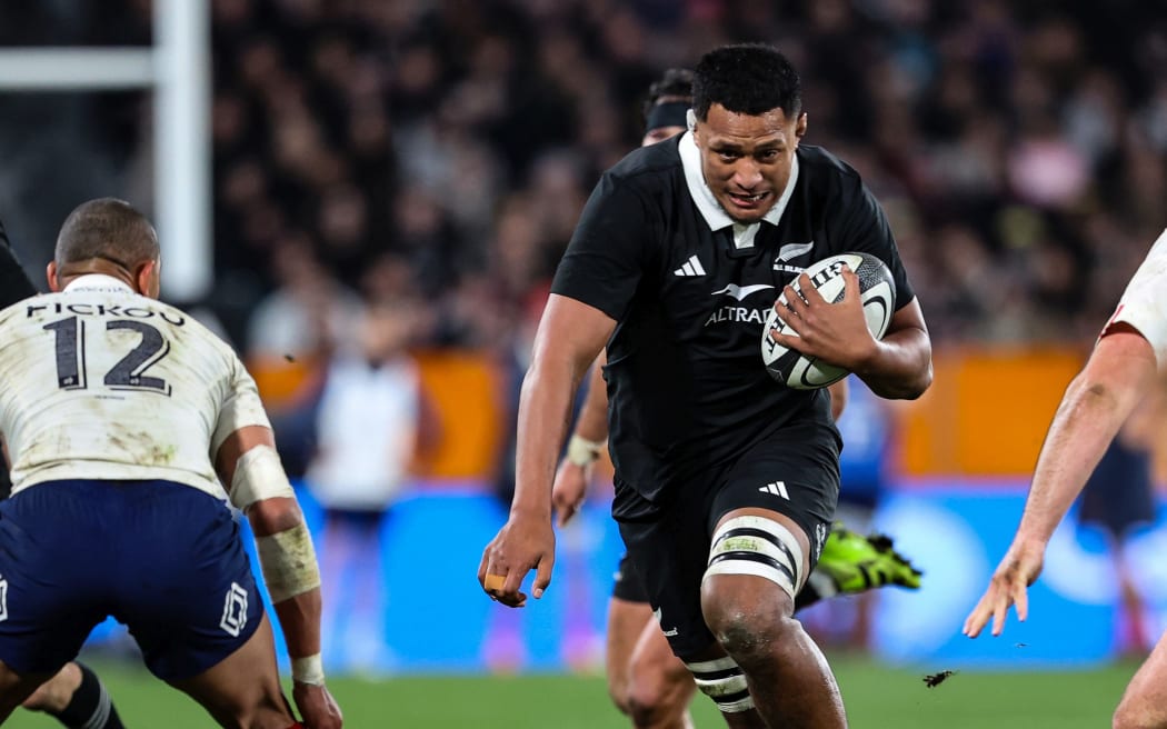 All Black Samipeni Finau on the charge against France in the first rugby test at Forsyth Barr Stadium, Dunedin. 5 July 2025. © Copyright image by Peter Meecham / www.photosport.nz