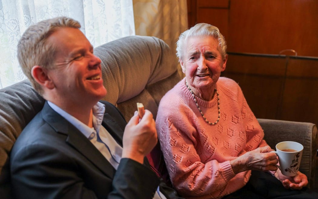 Labour leader Chris Hipkins meets with 91-year-old Nan Dixon, a long-time Labour supporter, while campaigning on the West Coast on 14 September, 2023.