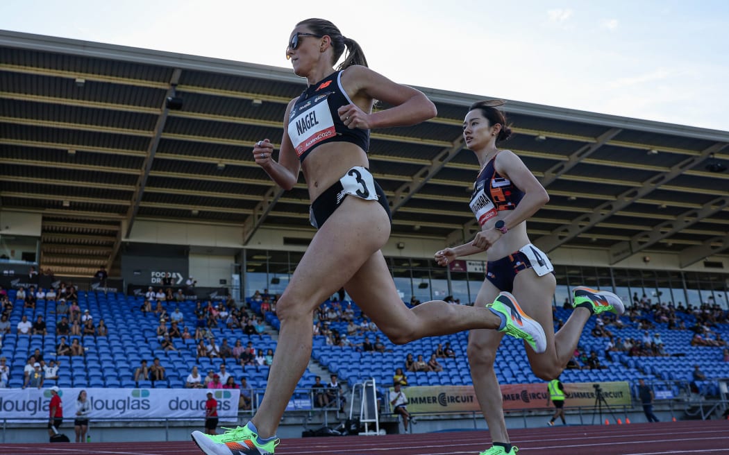 Laura Nagel competes in the Women's 1500 meters during the Sir Graeme Douglas International Athletics Meet at Trusts Arena, Auckland.