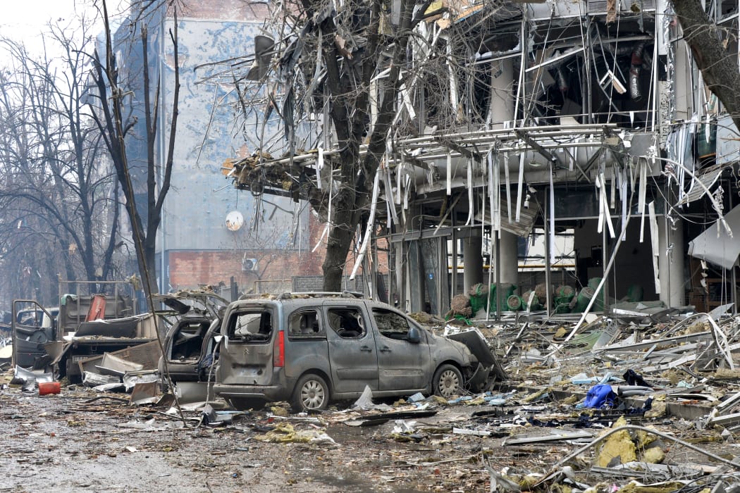 A view of a damaged building after shelling by Russian forces in Ukraine's second-biggest city of Kharkiv on March 3, 2022.