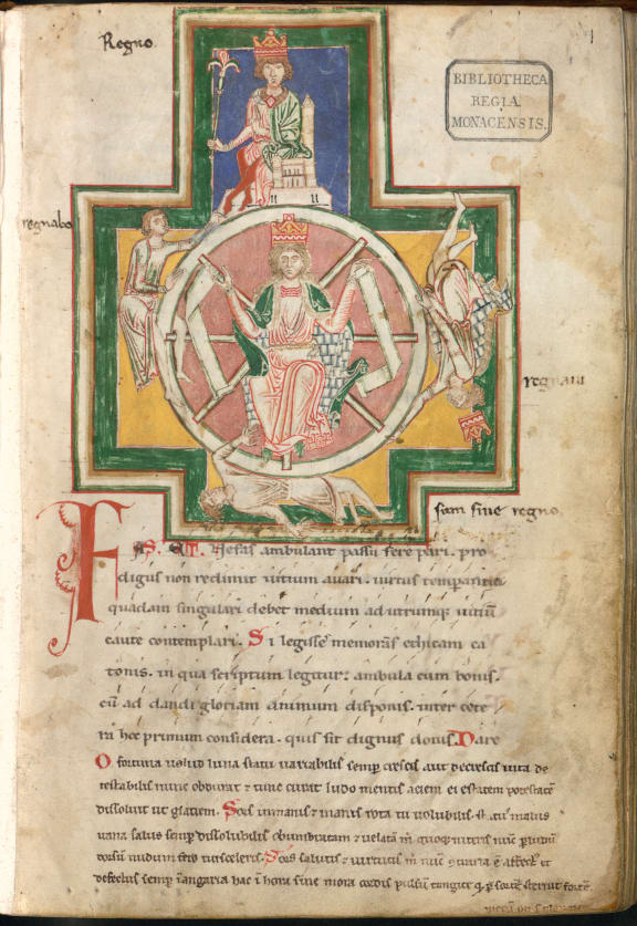 Wheel of Fortune image from Codex Buranus (Carmina Burana), ca 1230, Bavarian State Library, Munich.