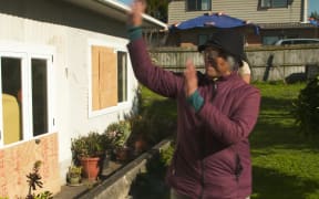 Faapio Sagaga outside her tornado-hit tenancy in Papatoetoe.