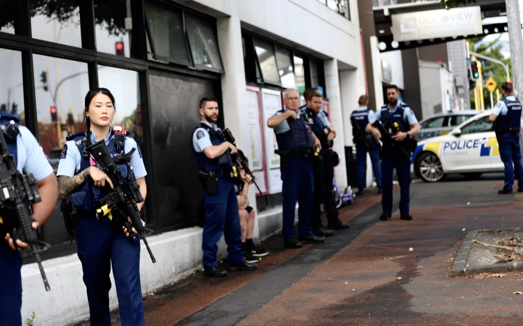 A large police presence attend an incident on Hobson St, Auckland Central