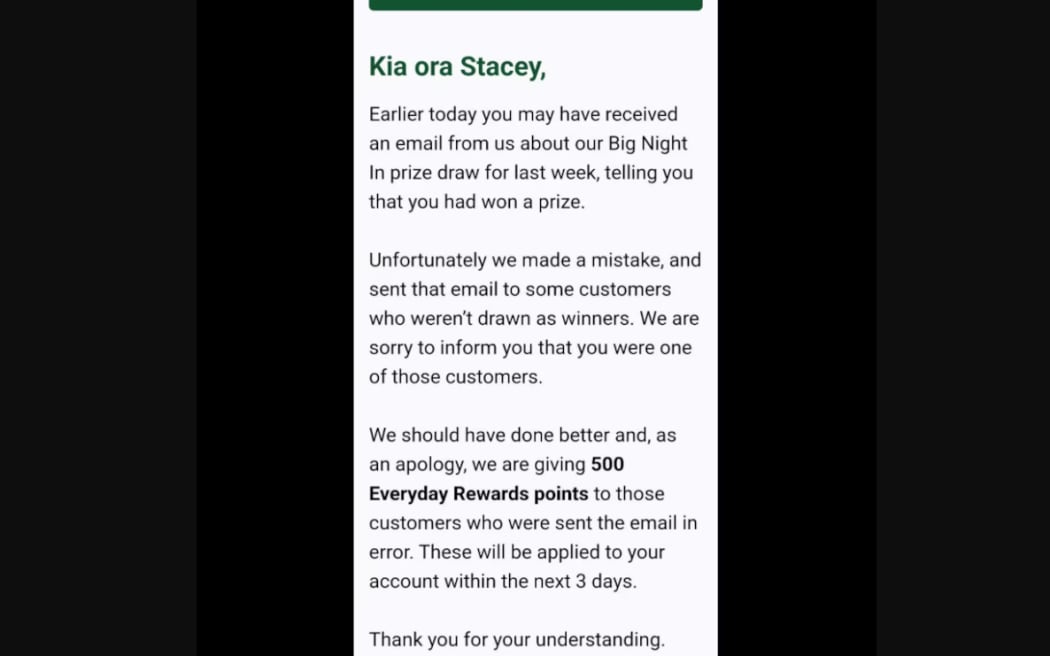 Woolworths mistakenly emailed 79,000 people telling them they'd won a prize, but later rescinded it, saying the email had been a mistake and they had not won.