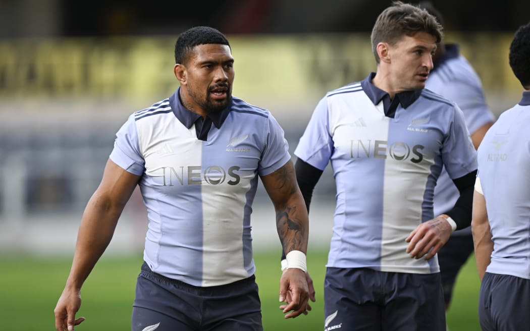 Ardie Savea, left, and Beauden Barrett during an All Blacks training session in Dunedin ahead of the first test match against England on Saturday.