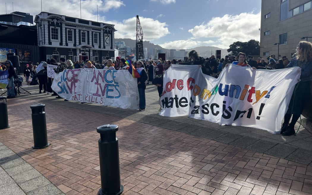 Hundreds gathered outside Te Papa's Tākina conference centre in Wellington on 18 May, 2024, while a controversial event took place inside.