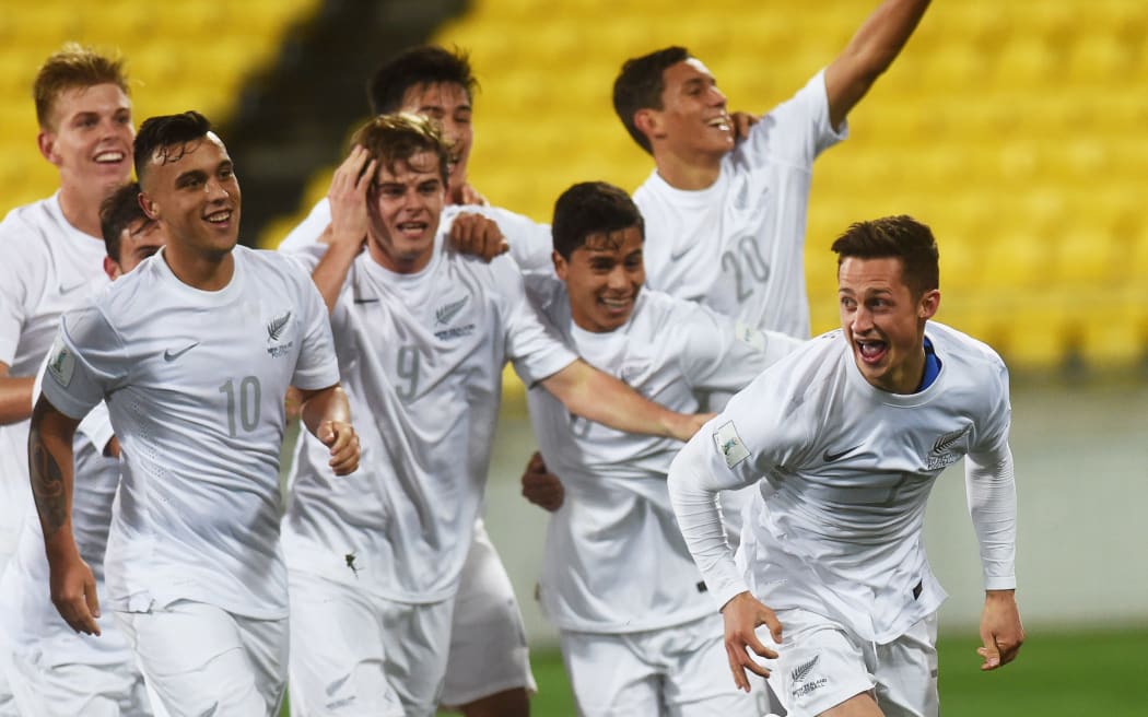 New Zealand under 20 football team celebrate goal 2015.