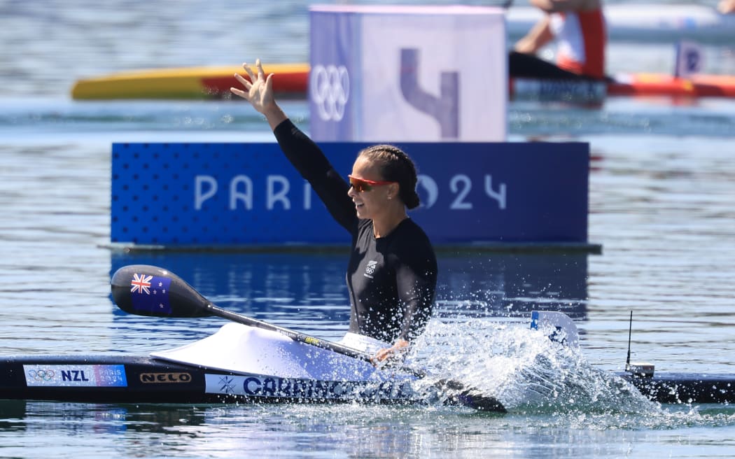 Dame Lisa Carrington of New Zealand wins gold in the women’s Kayak Single 500m gold medal final at 2024 Paris Olympics.