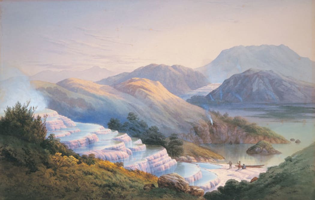 Painting of the Pink and White Terraces by John Hoyte.